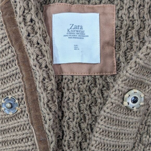 Zara Knitwear Woman Brown Hooded Sweater Vest Faux Fur Pockets Button Front S - Picture 7 of 9